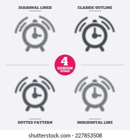 Alarm clock sign icon. Wake up alarm symbol. Diagonal and horizontal lines, classic outline, dotted texture. Pattern design icons.  Vector