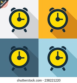 Alarm clock sign icon. Wake up alarm symbol. Four squares. Colored Flat design buttons. Vector
