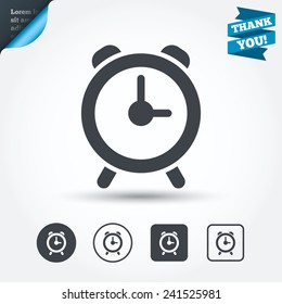 Alarm clock sign icon. Wake up alarm symbol. Circle and square buttons. Flat design set. Thank you ribbon. Vector