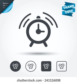 Alarm clock sign icon. Wake up alarm symbol. Circle and square buttons. Flat design set. Thank you ribbon. Vector