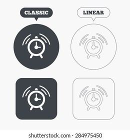 Alarm clock sign icon. Wake up alarm symbol. Classic and line web buttons. Circles and squares. Vector
