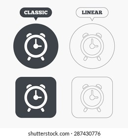 Alarm clock sign icon. Wake up alarm symbol. Classic and line web buttons. Circles and squares. Vector