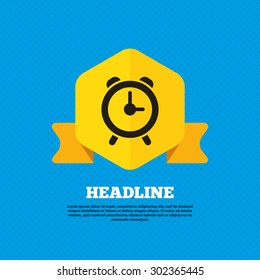 Alarm clock sign icon. Wake up alarm symbol. Yellow label tag. Circles seamless pattern on back. Vector