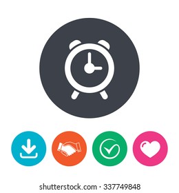 Alarm clock sign icon. Wake up alarm symbol. Download arrow, handshake, tick and heart. Flat circle buttons.