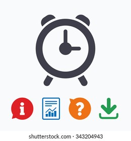 Alarm clock sign icon. Wake up alarm symbol. Information think bubble, question mark, download and report.