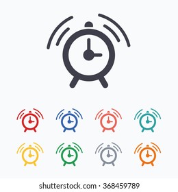Alarm clock sign icon. Wake up alarm symbol. Colored flat icons on white background.