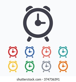 Alarm clock sign icon. Wake up alarm symbol. Colored flat icons on white background.