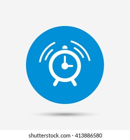Alarm clock sign icon. Wake up alarm symbol. Blue circle button with icon. Vector
