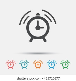 Alarm clock sign icon. Wake up alarm symbol. Graphic element on white background. Colour clean flat alarm icons. Vector