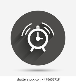 Alarm clock sign icon. Wake up alarm symbol. Circle flat button with shadow. Vector