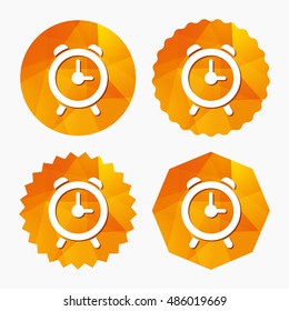 Alarm clock sign icon. Wake up alarm symbol. Triangular low poly buttons with flat icon. Vector