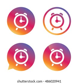 Alarm clock sign icon. Wake up alarm symbol. Gradient buttons with flat icon. Speech bubble sign. Vector