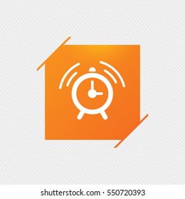 Alarm clock sign icon. Wake up alarm symbol. Orange square label on pattern. Vector