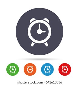 Alarm clock sign icon. Wake up alarm symbol. Round colourful buttons with flat icons. Vector