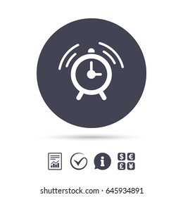 Alarm clock sign icon. Wake up alarm symbol. Report document, information and check tick icons. Currency exchange. Vector