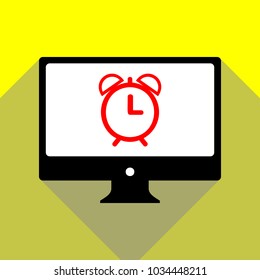 Alarm clock sign illustration. Vector. Red icon on white monitor of black all-in-one desktop computer with two shadows at yellow background.