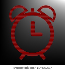 Alarm clock sign illustration. Vector. Striped red and black icon at gradient blackish background. Zebra.