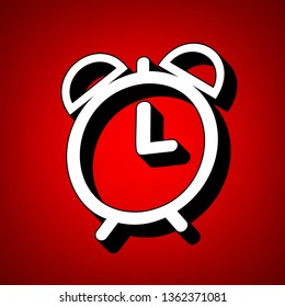 Alarm clock sign illustration. Vector. Perspective view of white icon with black outline at reddish background.