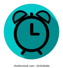 Alarm clock sign illustration. Vector. Flat black icon with flat shadow on royal yellow circle with white background. Isolated.