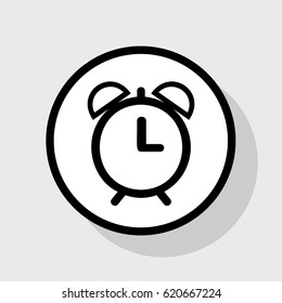 Alarm clock sign illustration. Vector. Flat black icon in white circle with shadow at gray background.