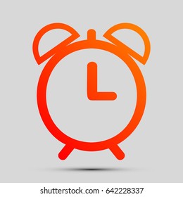 Alarm clock sign illustration. Vector. Orange, red-yellow icon with shadow on gray background.