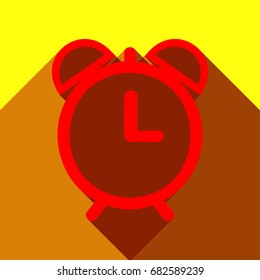 Alarm clock sign illustration. Vector. Red icon with two flat reddish shadows on yellow background.