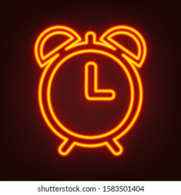 Alarm clock sign illustration. Yellow, orange, red neon icon at dark reddish background. Illumination. Illustration.