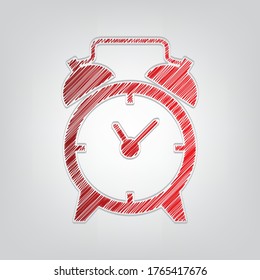 Alarm clock sign. Red gradient scribble Icon with artistic contour gray String on light gray Background. Illustration.