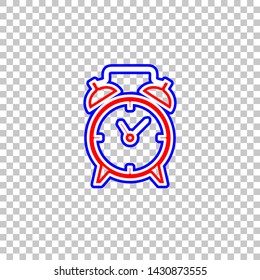 Alarm clock sign. Red, white and contour icon at transparent background. Illustration.