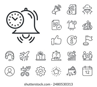 Alarm clock sign. Salaryman, gender equality and alert bell outline icons. Time management line icon. Watch symbol. Time management line sign. Spy or profile placeholder icon. Vector