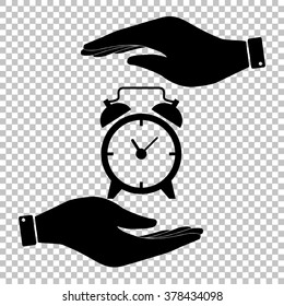 Alarm clock sign. Save or protect symbol by hands.