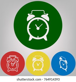 Alarm clock sign. Vector. 4 white styles of icon at 4 colored circles on light gray background.