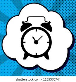 Alarm clock sign. Vector. Black icon in bubble on blue pop-art background with rays.