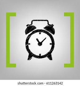 Alarm clock sign. Vector. Black scribble icon in citron brackets on grayish background.
