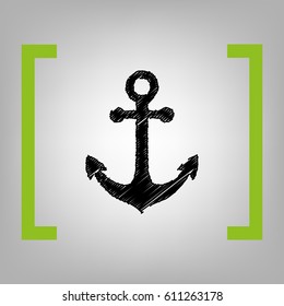 Alarm clock sign. Vector. Black scribble icon in citron brackets on grayish background.