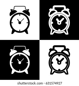 Alarm clock sign. Vector. Black and white icons and line icon on chess board.