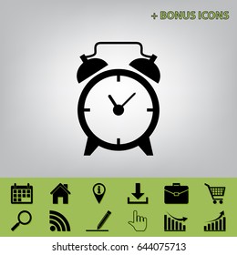 Alarm clock sign. Vector. Black icon at gray background with bonus icons at celery ones