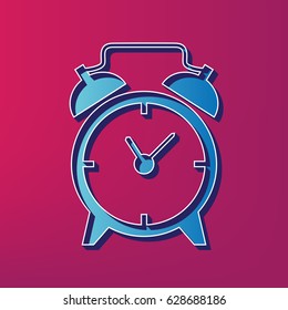 Alarm clock sign. Vector. Blue 3d printed icon on magenta background.