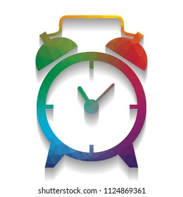 Alarm clock sign. Vector. Colorful icon with bright texture of mosaic with soft shadow on white background. Isolated.