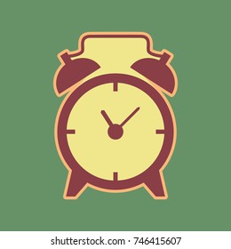Alarm clock sign. Vector. Cordovan icon and mellow apricot halo with light khaki filled space at russian green background.