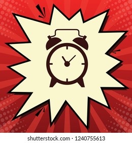 Alarm clock sign. Vector. Dark red icon in lemon chiffon shutter bubble at red popart background with rays.