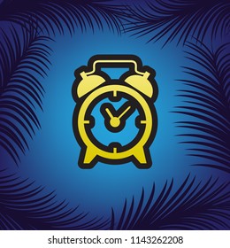 Alarm clock sign. Vector. Golden icon with black contour at blue background with branches of palm trees.