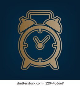 Alarm clock sign. Vector. Golden icon and border at dark cyan background.