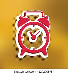 Alarm clock sign. Vector. Magenta icon with darker shadow, white sticker and black popart shadow on golden background.