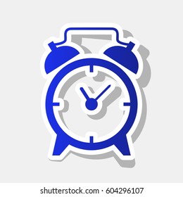 Alarm clock sign. Vector. New year bluish icon with outside stroke and gray shadow on light gray background.