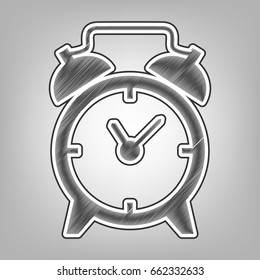 Alarm clock sign. Vector. Pencil sketch imitation. Dark gray scribble icon with dark gray outer contour at gray background.