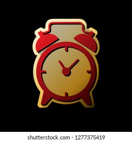 Alarm clock sign. Vector. Red icon with small black and limitless shadows at golden sticker on black background.