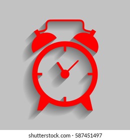 Alarm clock sign. Vector. Red icon with soft shadow on gray background.