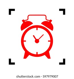 Alarm clock sign. Vector. Red icon inside black focus corners on white background. Isolated.