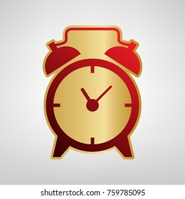 Alarm clock sign. Vector. Red icon on gold sticker at light gray background.